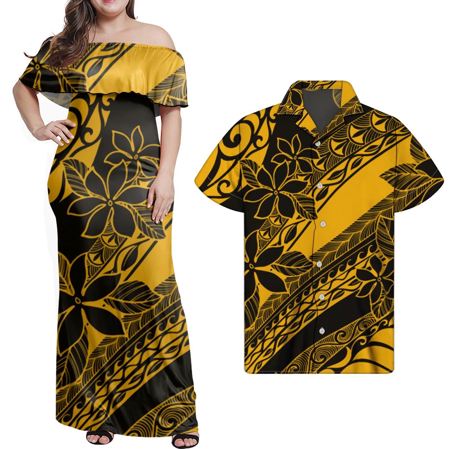 Polynesian Flowers Pattern Yellow Matching Outfit Combo Dress and Hawaiian Shirt