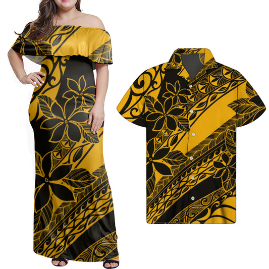 Polynesian Flowers Pattern Yellow Matching Outfit Combo Dress and Hawaiian Shirt