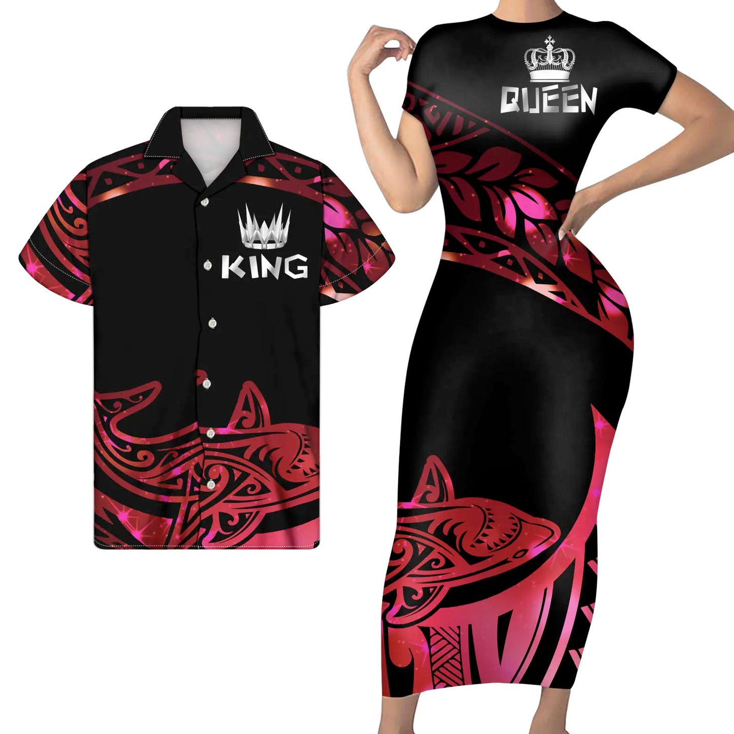 King Queen Hammerhead Shark Polynesian Pattern Matching Outfit For Couples Tight Short Sleeve Dress Style Men Long Sleeve Shirt