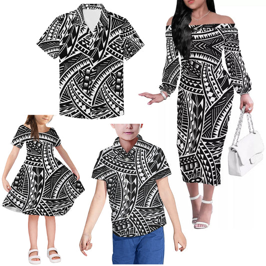 Black Polynesian Tribal Pattern Matching Outfit For Family Island Dress Hawaiian Shirt For Her Him Family Members
