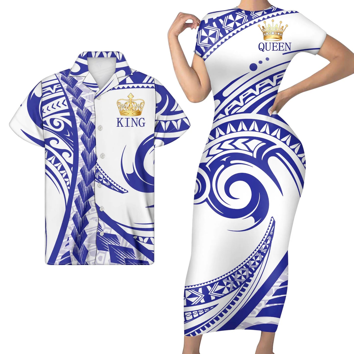 Polynesian Pattern Curve Style Matching Outfit For Couples Tight Short Sleeve Dress Style Men Long Sleeve Shirt