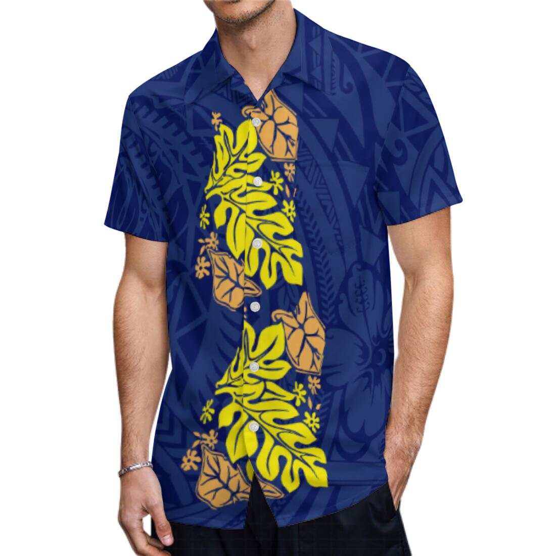Yellow Polynesian Tribal Samoa Flowers Leaf Pattern Hawaiian Shirt Polynesian Island Blue Hawaiian Shirt For Him