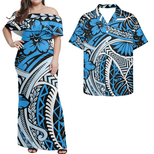 Hawaii Flowers Pattern Polynesian Tribal Combo Blue Dress and Hawaiian Shirt Matching Couples Outfit