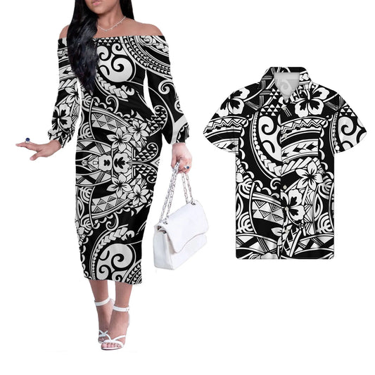 White Black Polynesian Tribal Flower Pattern Matching Couple Outfit Men Shirts and Dress Off Shoulder Long Dresses for Women