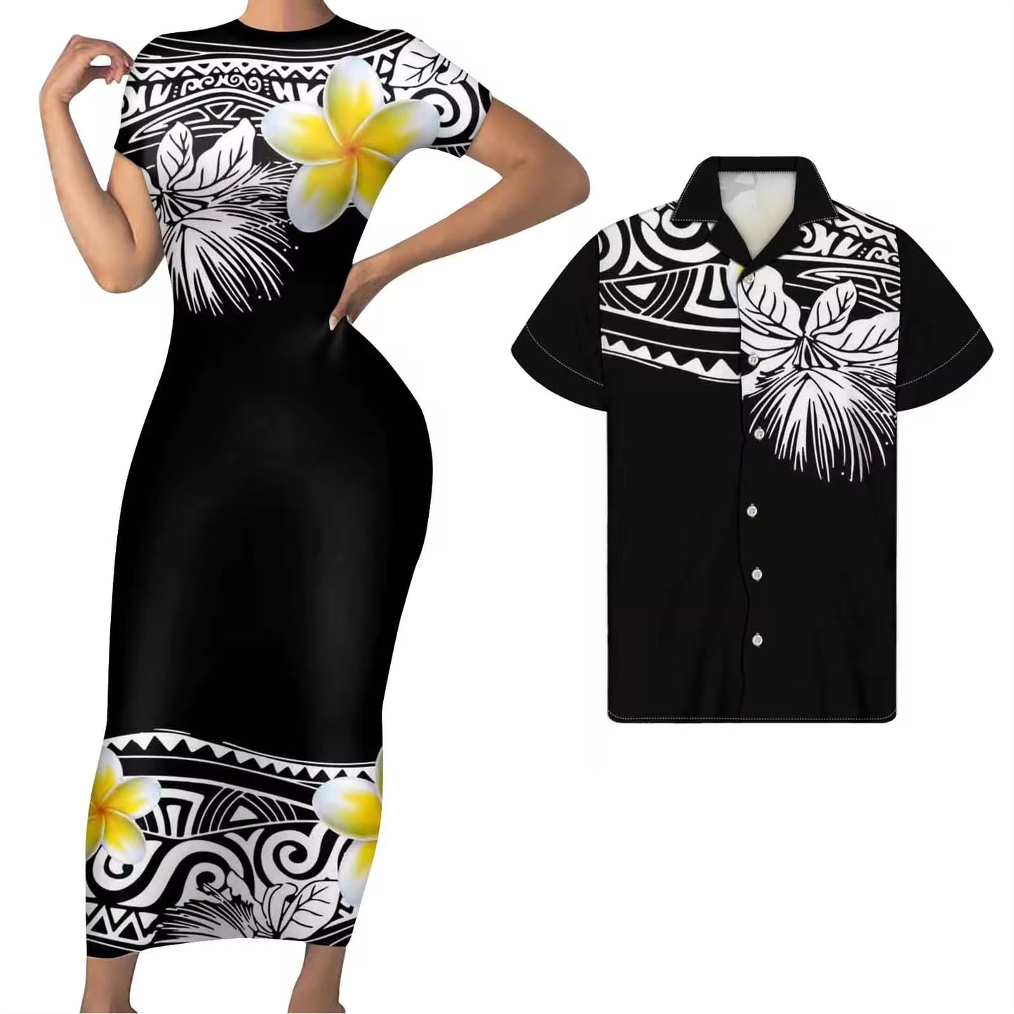 Polynesian Matching Clothes For Couples Polynesian Tribal Plumeria Flowers Pattern Bodycon Dress Hawaii Shirt