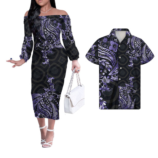 Polynesian Tribal Pattern Purple Couple Matching Outfits Men Shirts and Dress Off Shoulder Long Dresses for Women