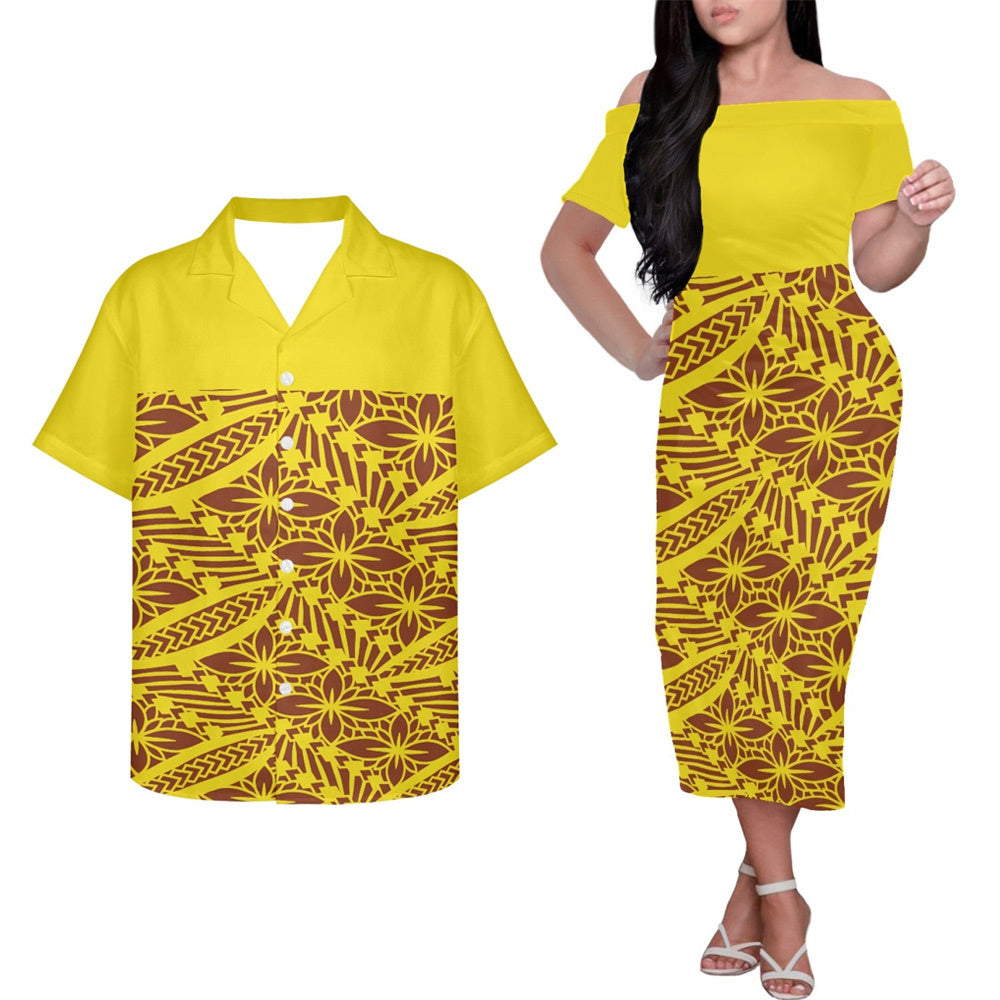 Polynesian Island Tribal Pattern Yellow Couple Outfits Half Style Pacific Island Hung Short Sleeved Dress And Hawaiian Shirt Party Outfit Set