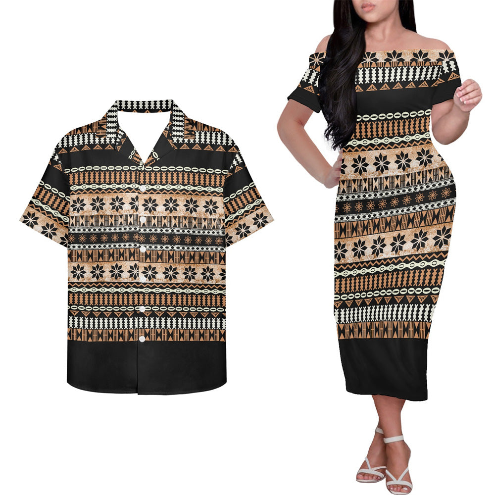 Polynesian Geometric Pattern Vintage Couple Outfits Island Hung Short Sleeved Dress And Hawaiian Shirt Couple Set