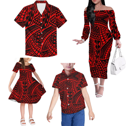 Red Polynesian Tribal Pattern Matching Outfit For Family Island Dress Hawaiian Shirt For Her Him Family Members