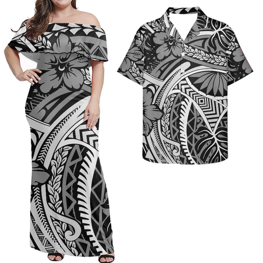Hawaii Flowers Pattern Polynesian Tribal Combo Black Dress and Hawaiian Shirt Matching Couples Outfit