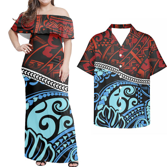 Polynesian Tribal Flowers Pattern Combo Dress and Hawaiian Shirt Matching Couples Outfit For Him Her