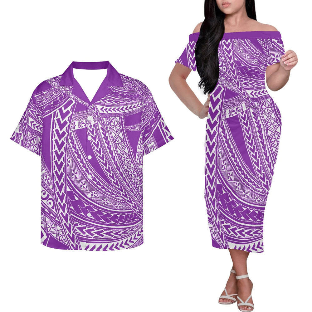 Purple Polynesian Island Tribal Print Couple Outfits Pacific Island Hung Short Sleeved Dress And Hawaiian Shirt Party Outfit Set For Him Her