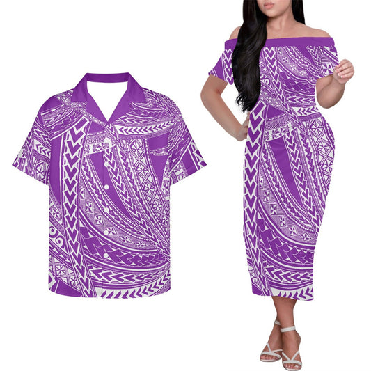 Purple Polynesian Island Tribal Print Couple Outfits Pacific Island Hung Short Sleeved Dress And Hawaiian Shirt Party Outfit Set For Him Her