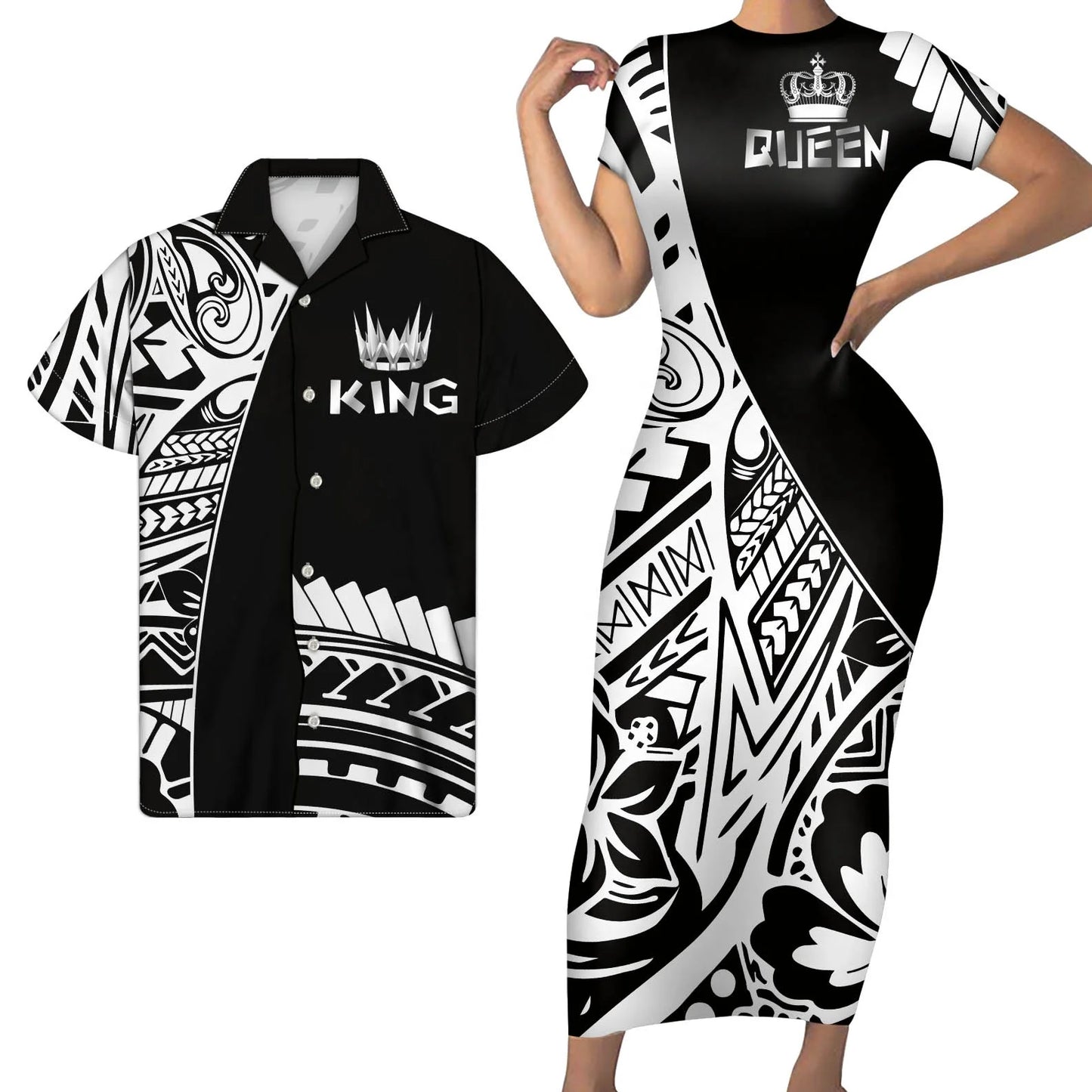 King Queen Matching Outfit Polynesian Pattern Matching Outfit For Couples Tight Short Sleeve Dress Style Men Long Sleeve Shirt