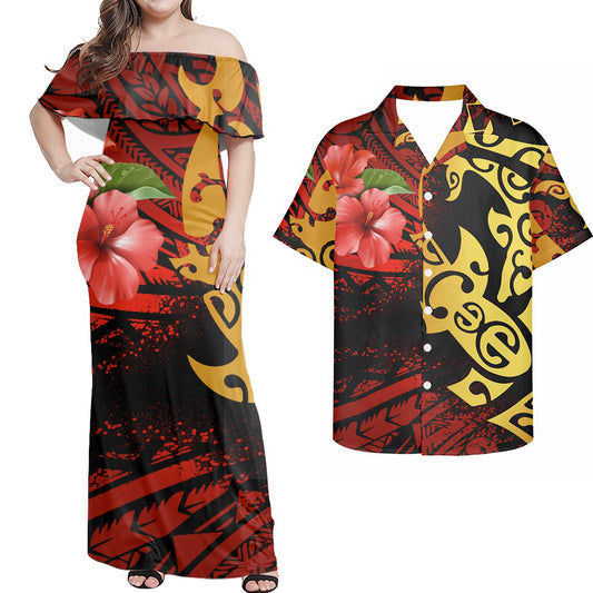 Polynesian Hibiscus Flowers Tropical Pattern Combo Dress and Hawaiian Shirt Matching Couples Outfit For Him Her