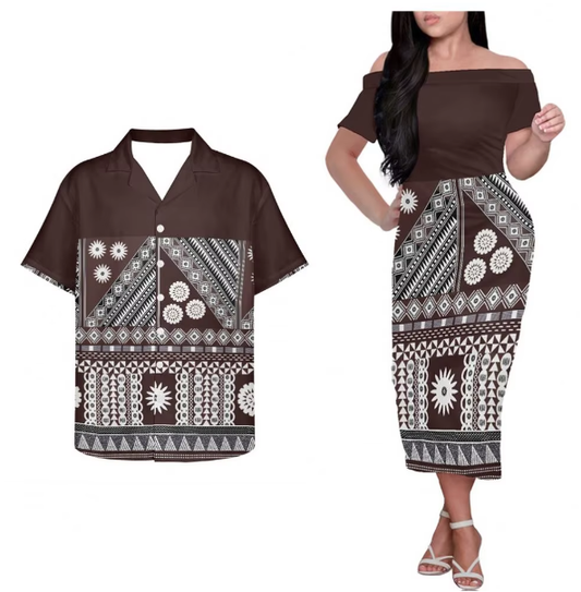 Polynesian Tribal Pattern Matching Outfit For Couple Printed Polynesian Hung Short Sleeved Dress And Hawaiian Shirt