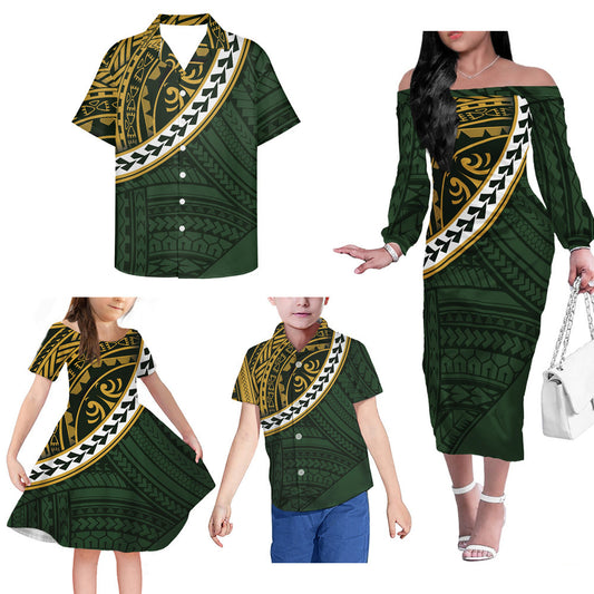 Polynesian Tribal Flowers Pattern Green Matching Outfit For Family Island Dress Hawaiian Shirt For Her Him Family Members