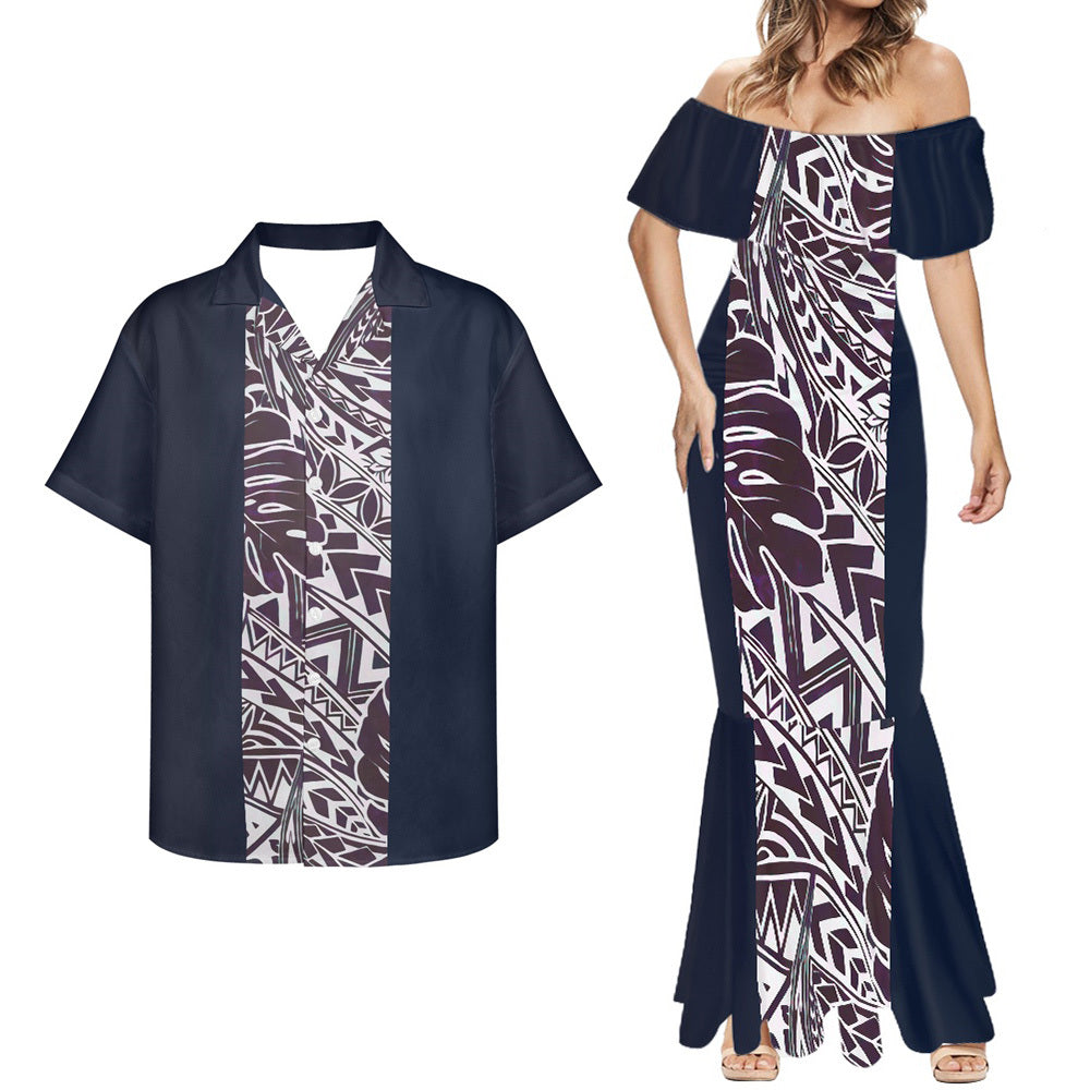 Polynesian Leaf Pattern Combo Mermaid Dress and Hawaiian Shirt Matching Couples Outfit