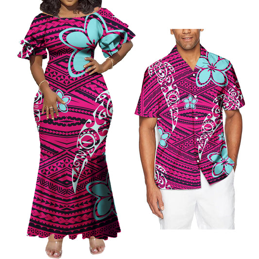 Polynesian Tribal Flowers Pattern Pink Couple Matching Outfit Island Fishtail Skirt Dress And Shirt