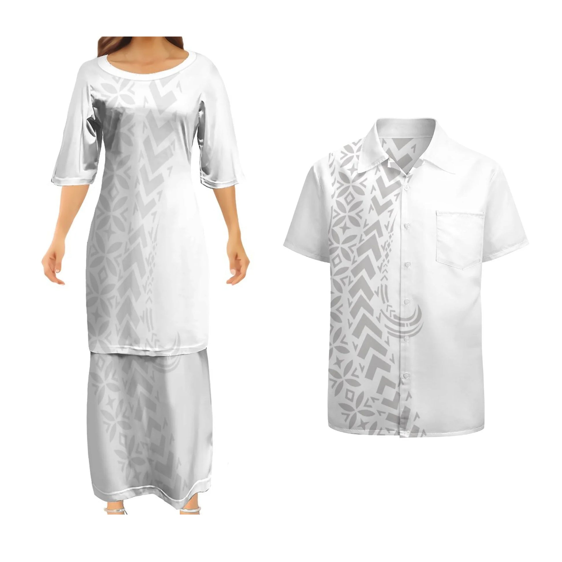 White Polynesian Tribal Pattern Curve Style Matching Outfit For Couple Clothes Samoan Puletasi and Mens Shirts