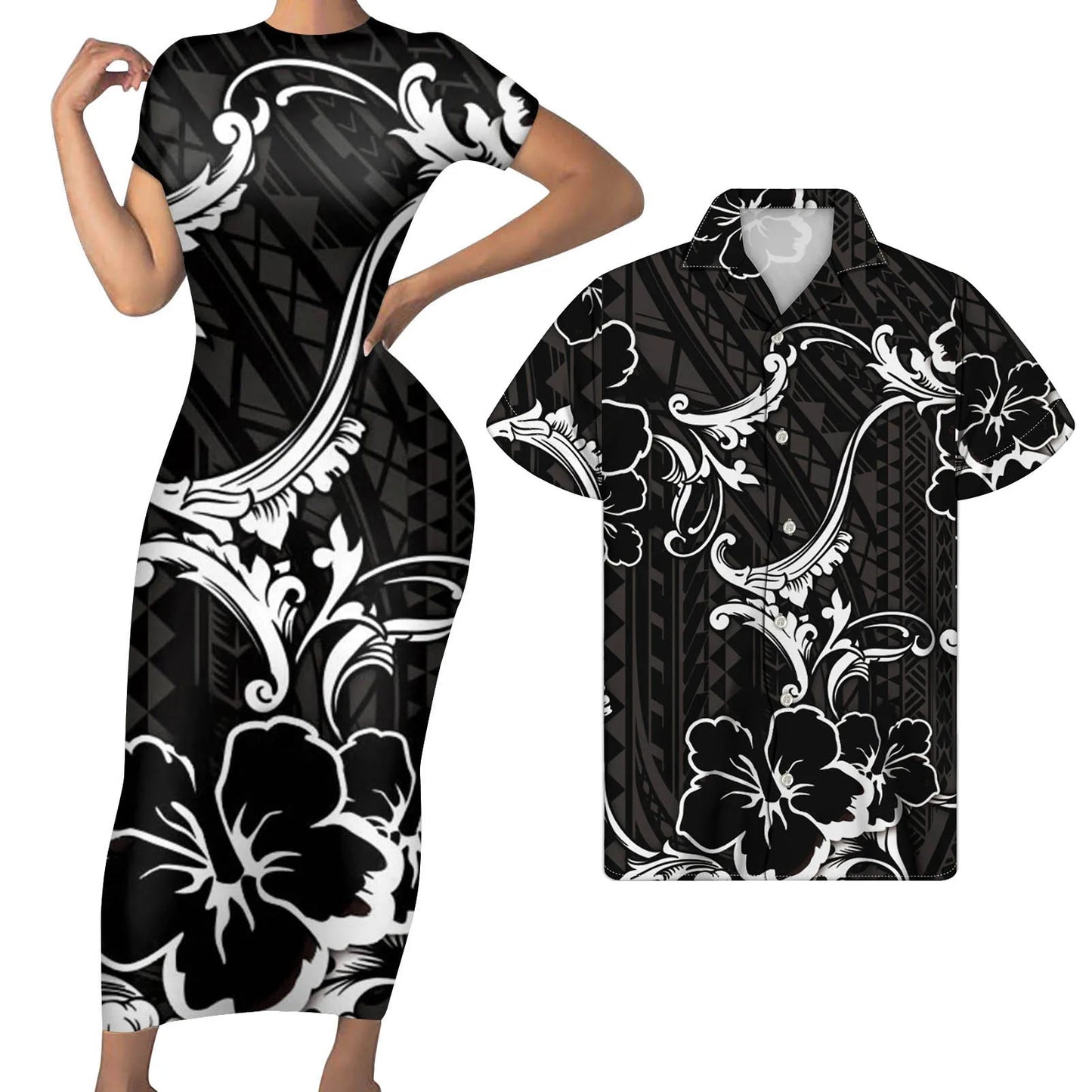 Black Polynesian Hibiscus Flowers Pattern Outfit For Couples Tight Short Sleeve Dress Style Men Long Sleeve Shirt Couple Outfit For Her Him