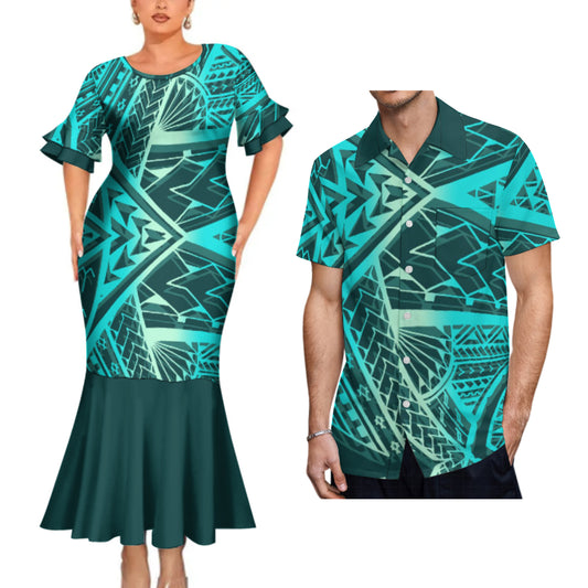 Polynesian Tribal Mermaid Bodycon Dresses and Shirt Island Vibe Blue Matching Outfit