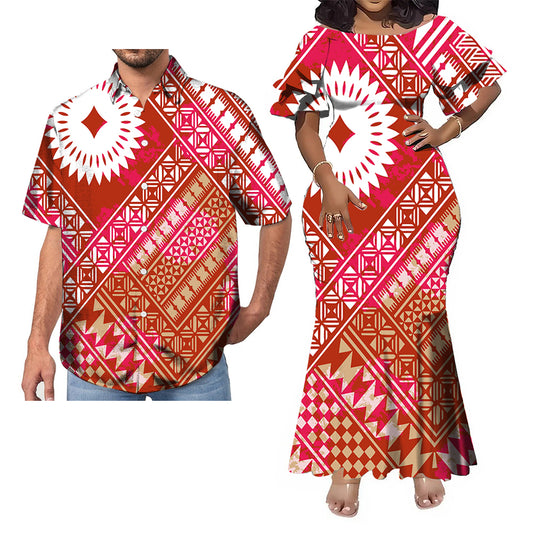 Polynesian Tribal Pattern Red Fishtail Skirt Dress And Hawaii Shirt Couple Set