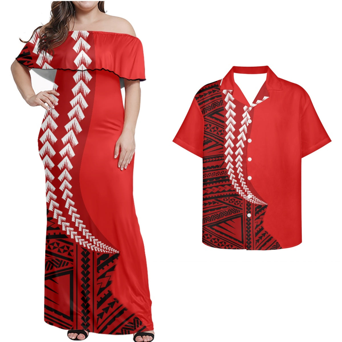 Polynesian Tribal Flowers Pattern Curve Style Matching Outfit Combo Off Shoulder Dress and Shirt