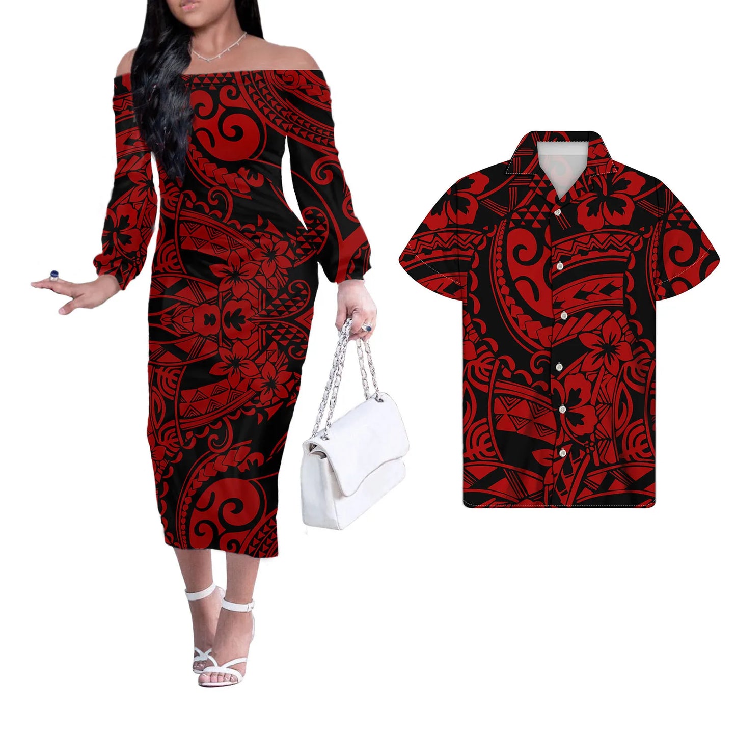 Polynesian Tribal And Plumeria Flower Pattern Matching Outfit For Couples Men Shirts and Red Dress Off Shoulder Long Dresses for Women