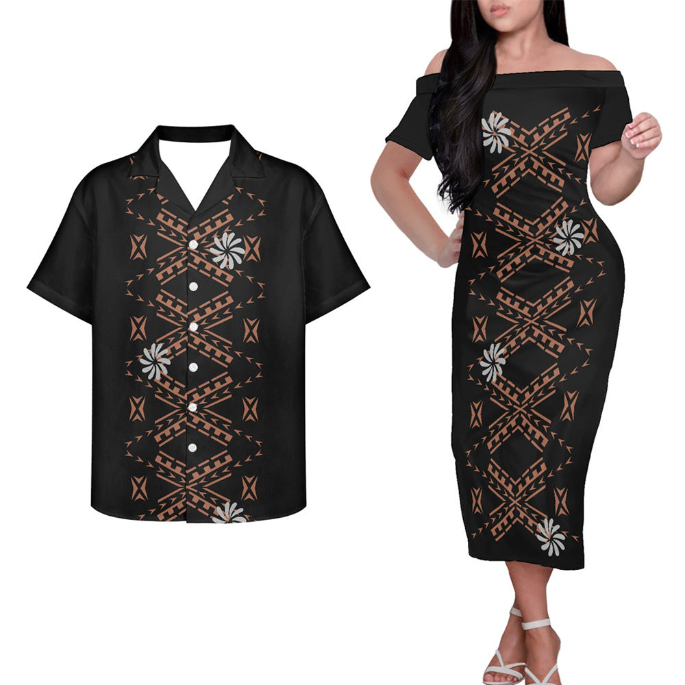 Polynesian Tribal Flowers Pattern Black Couple Outfits Pacific Island Hung Short Sleeved Dress And Hawaiian Shirt