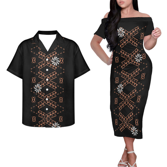 Polynesian Tribal Flowers Pattern Black Couple Outfits Pacific Island Hung Short Sleeved Dress And Hawaiian Shirt