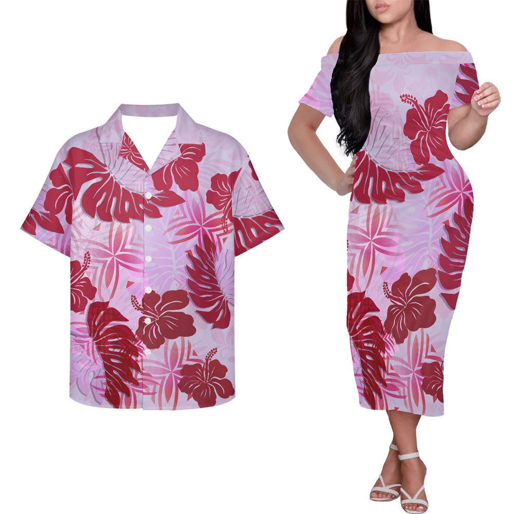Polynesian Hibiscus Flowers Tropical Pattern Couple Matching Outfits Island Hung Short Sleeved Dress And Hawaiian Shirt Couple Set For Him Her