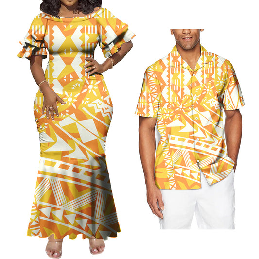 Polynesian Tribal Geometric Pattern Yellow Couple Matching Outfit Tropical Fishtail Skirt Dress And Shirt