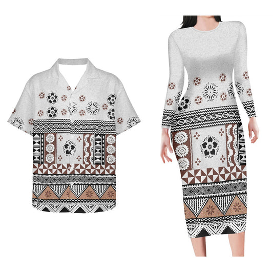 Polynesian Tribal Pattern White Matching Outfit For Couple Bodycon Dress And Hawaii Shirt Island Outfit Set For Her Him