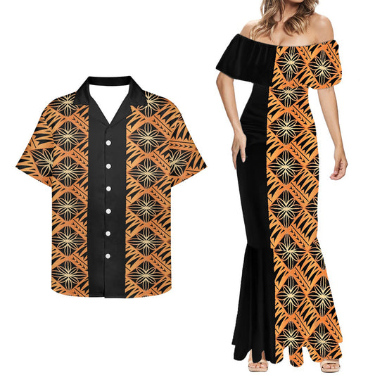 Polynesian Geometric Pattern Combo Mermaid Dress and Hawaiian Shirt Matching Couples Outfit