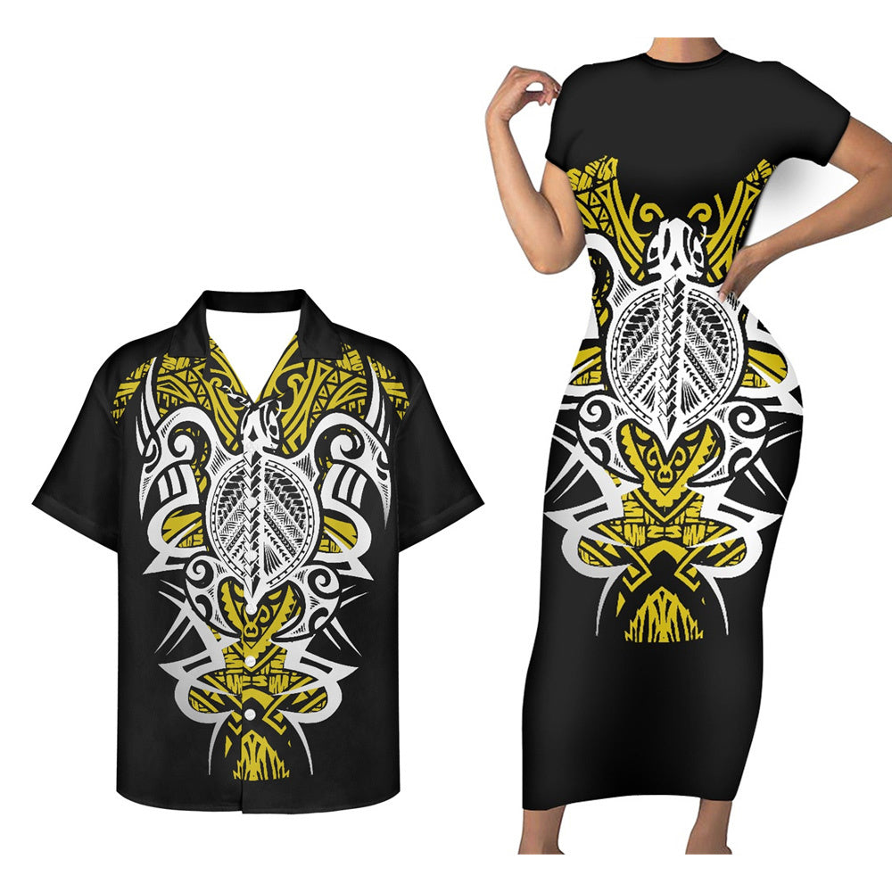 Polynesian Tropical Turtle Pattern Matching Outfit For Couple Polynesian Tribal Tight Short Sleeve Dress And Hawaiian Shirt For Her Him