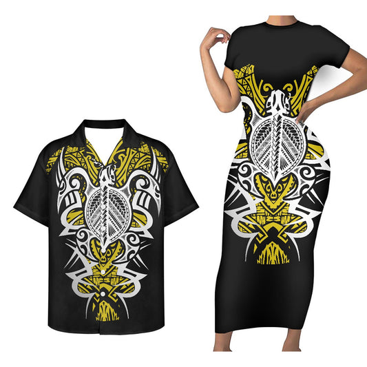 Polynesian Tropical Turtle Pattern Matching Outfit For Couple Polynesian Tribal Tight Short Sleeve Dress And Hawaiian Shirt For Her Him