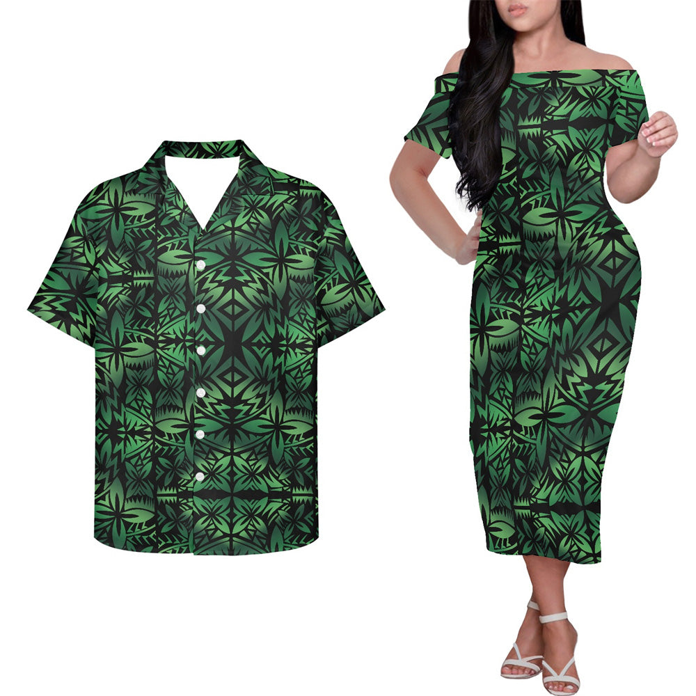 Polynesian Geometric Pattern Green Couple Outfits Island Hung Short Sleeved Dress And Hawaiian Shirt Couple Set