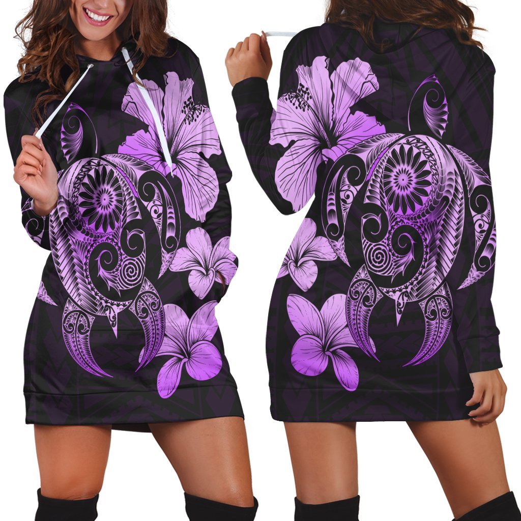 Hibiscus Plumeria Mix Polynesian Turtle Hoodie Dress Violet AH