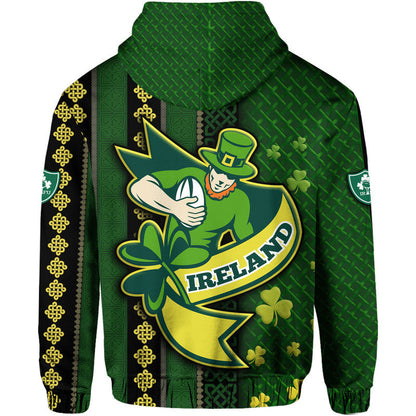 Ireland Celtic Knot Rugby Hoodie Irish Gold and Green Pattern
