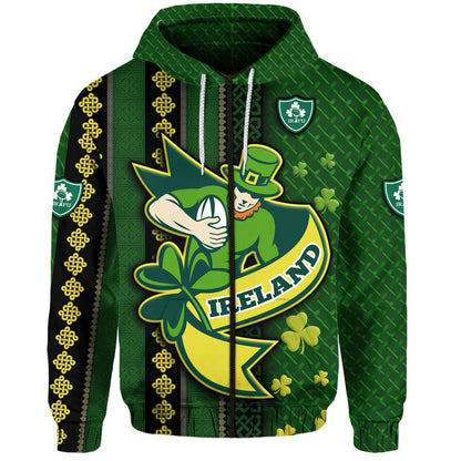 Ireland Celtic Knot Rugby Hoodie Irish Gold and Green Pattern