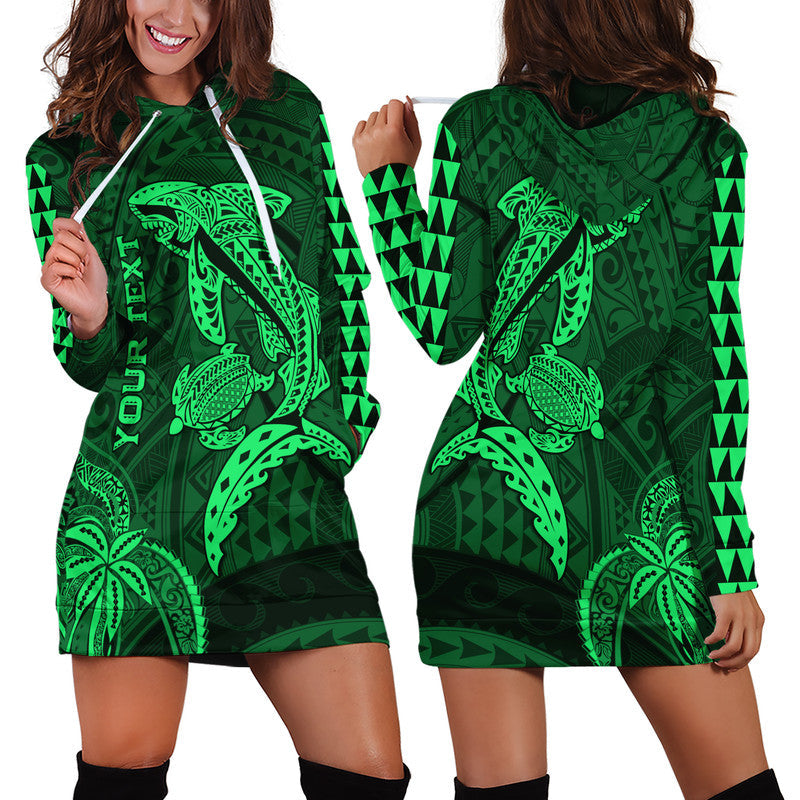 Custom Personalised Hawaii Hoodie Dress Shark and Turtle Mix Kakau Green