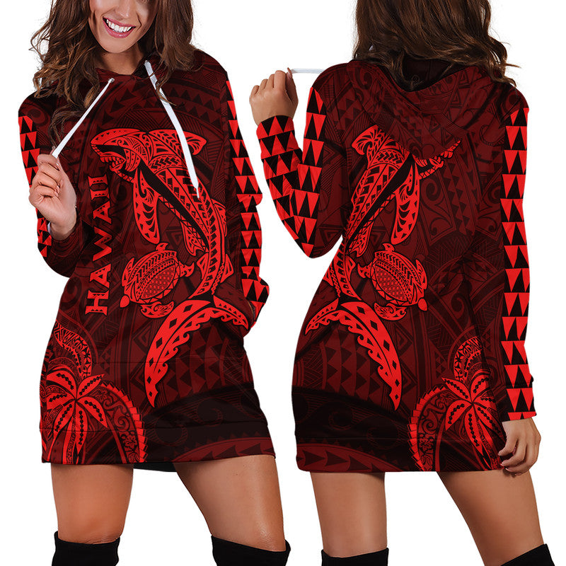 Hawaii Hoodie Dress Shark and Turtle Mix Kakau Red