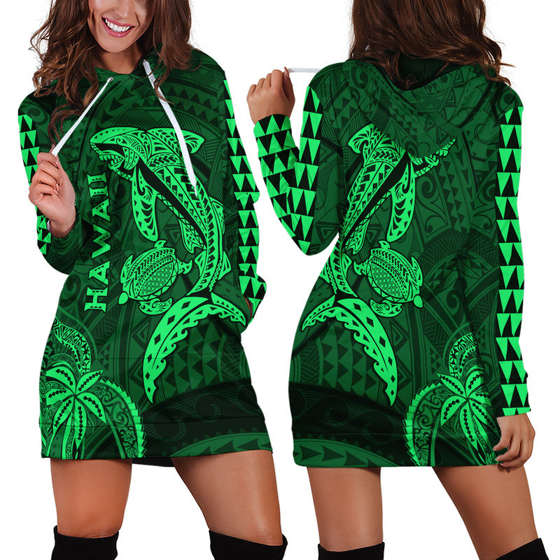 Hawaii Hoodie Dress Shark and Turtle Mix Kakau Green