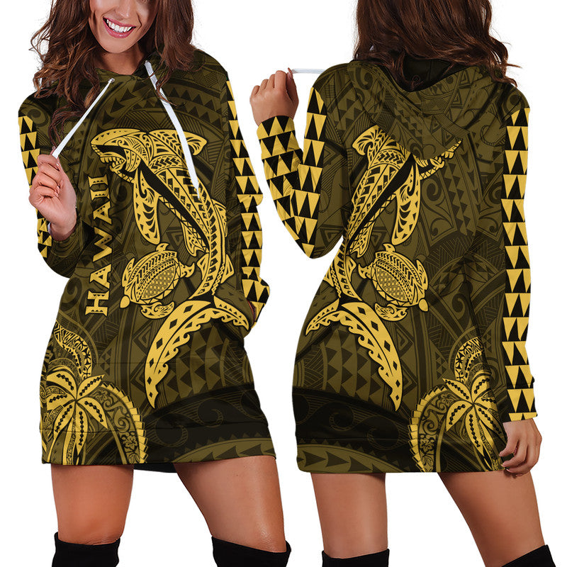 Hawaii Hoodie Dress Shark and Turtle Mix Kakau Gold