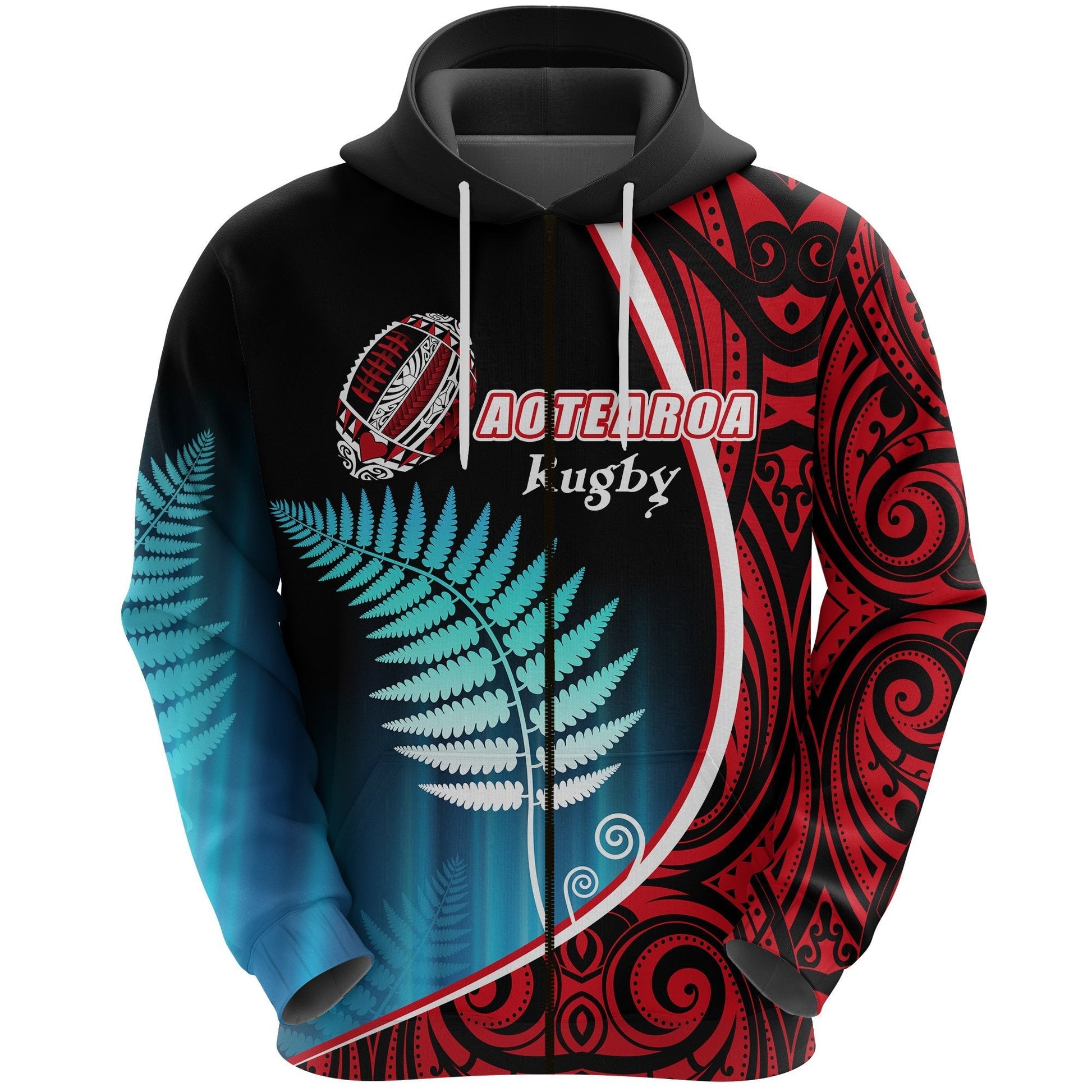 Aotearoa Rugby Black Maori Zip Hoodie Kiwi and Silver Fern New Zealand
