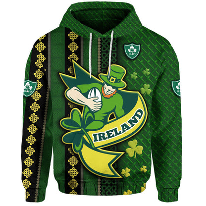 Ireland Celtic Knot Rugby Hoodie Irish Gold and Green Pattern