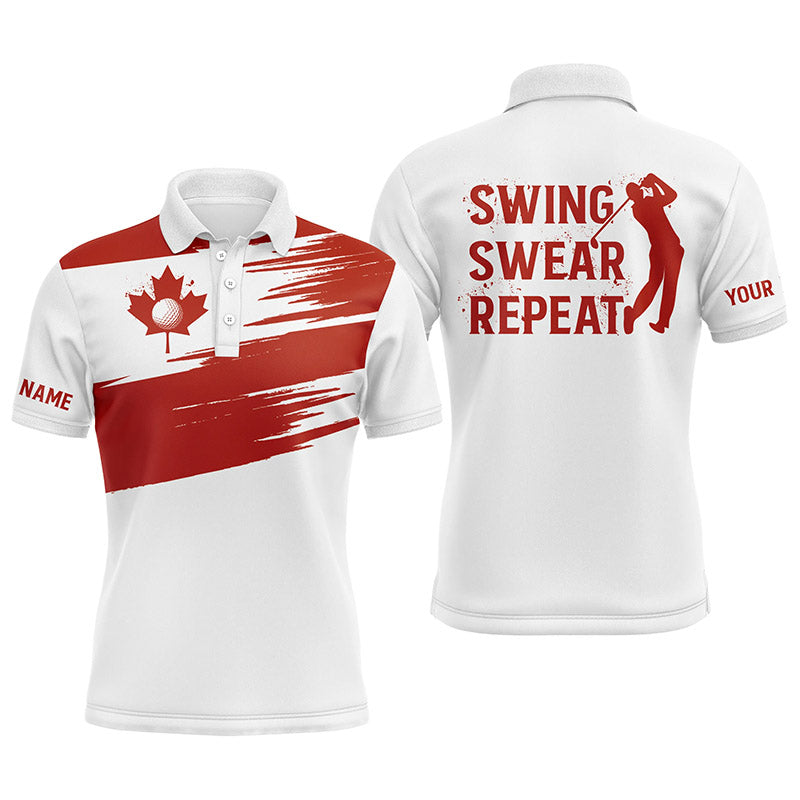 Mens Golf Polo Shirt Canada Flag Patriot Custom Name Swing Swear Repeat White Golf Shirt