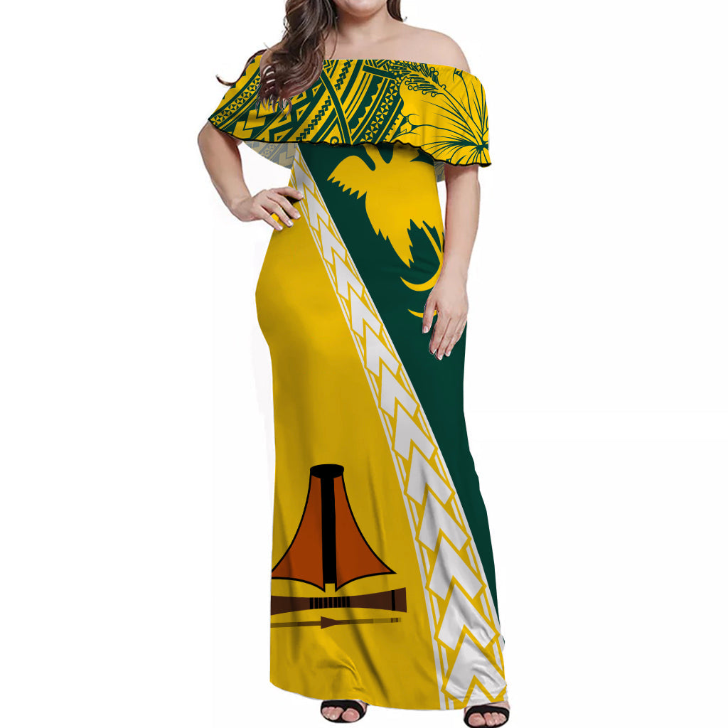 PNG Hibiscus Tribal Pattern Off Shoulder Long Dress Jiwaka Province
