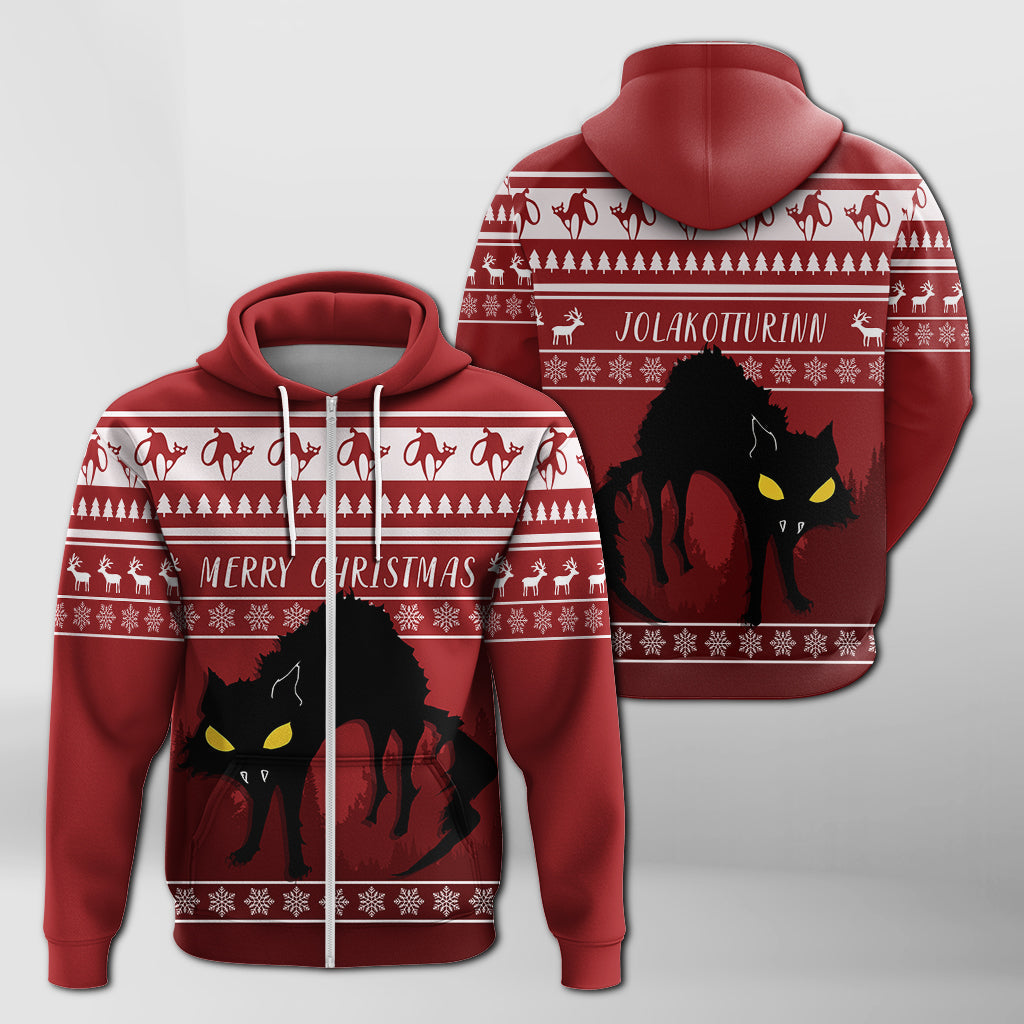 Jolakotturinn Iceland Yule Cat With Christmas Pattern Zip Hoodie